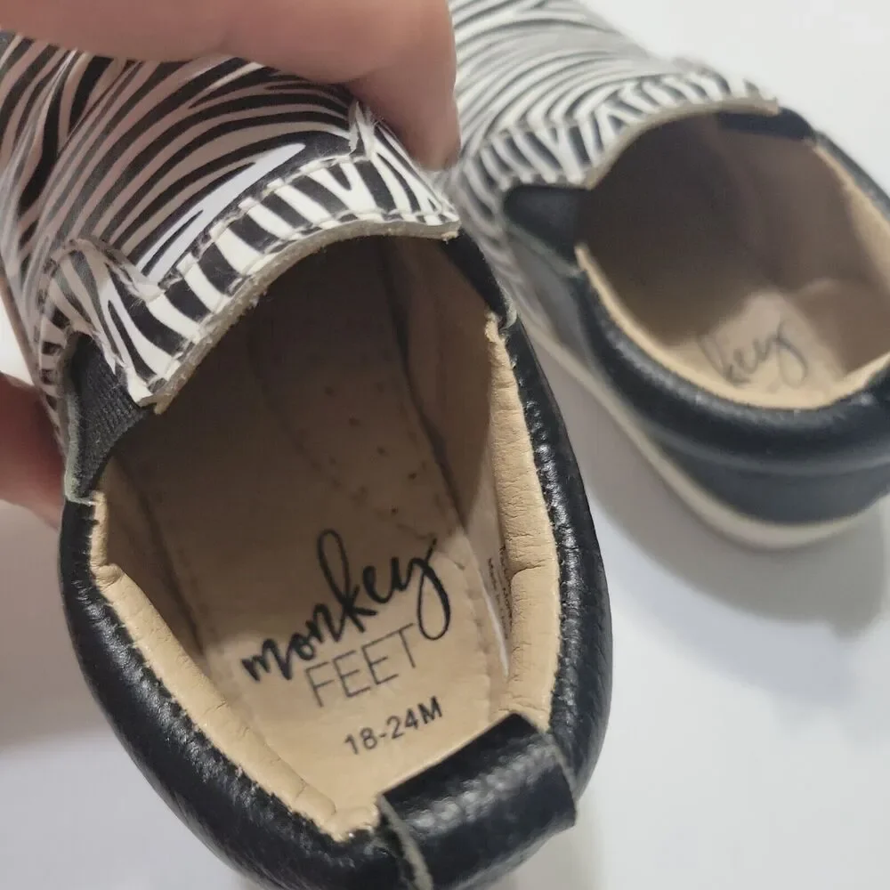 Monkey Feet Slip On Girls 18-24 Month Shoes Black Zebra Print‎ Leather Sneakers